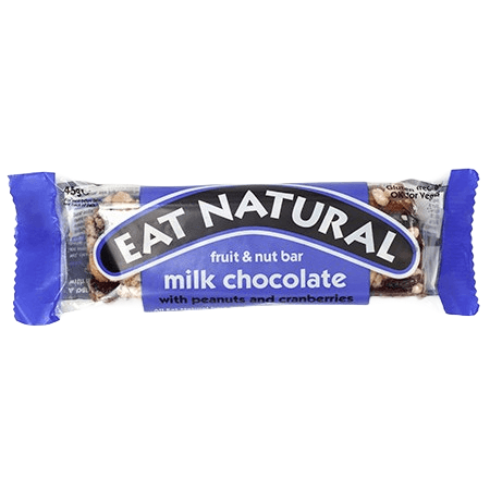 Eat natural milk chocolate, peanut and cranberry fruit and nut bar
